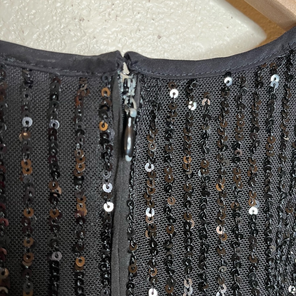 LDT Black Dress Sequin Mini Puff Sleeve Tie Waist Cocktail Holiday Party Glam - Picture 13 of 13